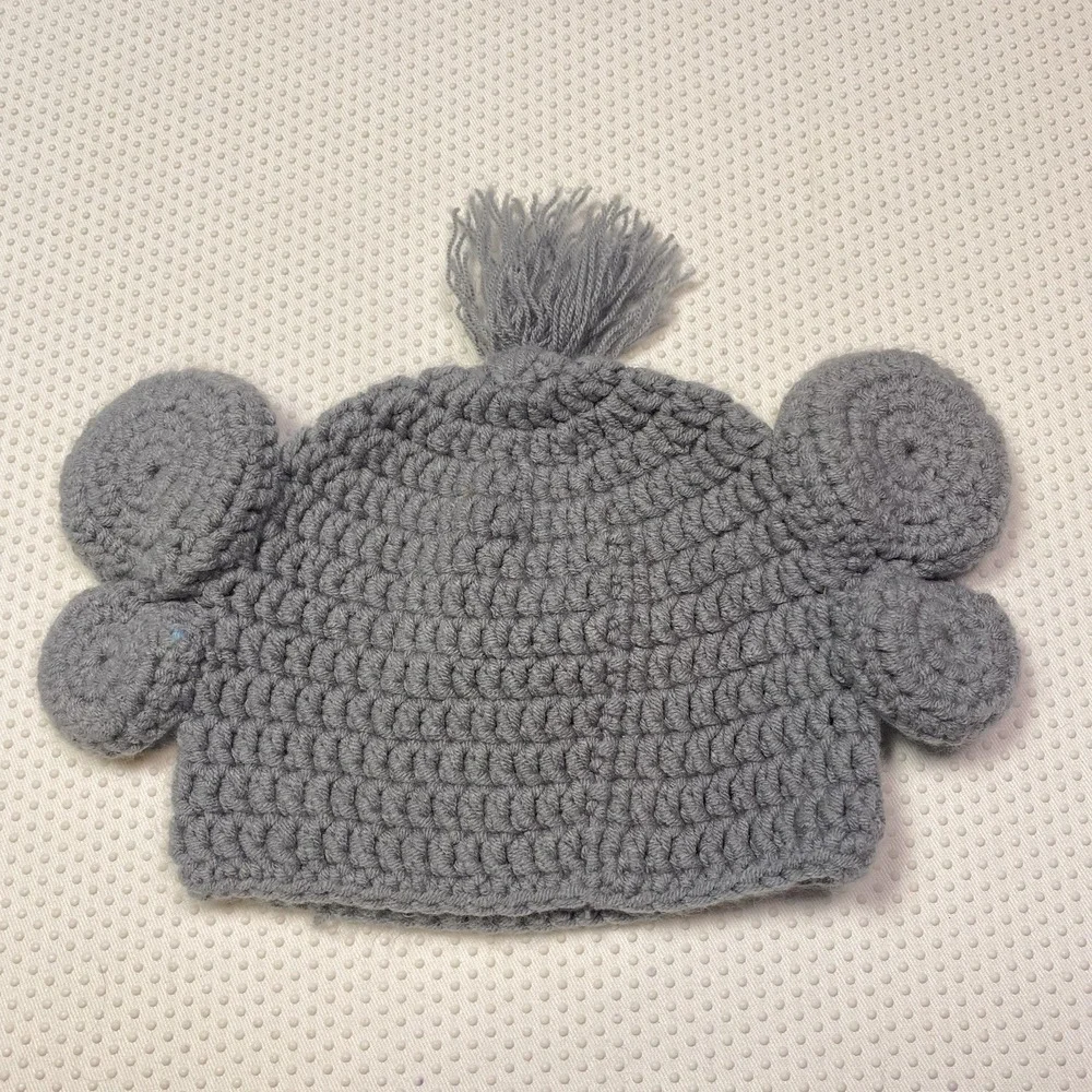 Handmade Knit Crochet Whimsical Elephant Baby Infant Beanie Cap Hat Gray Blue OS